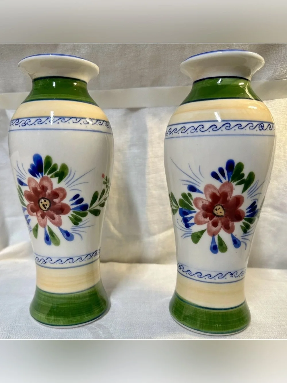 2 Hand-Painted Floral Flower Ceramic 8”Vases in Green Pink Yellow Blue Vintage